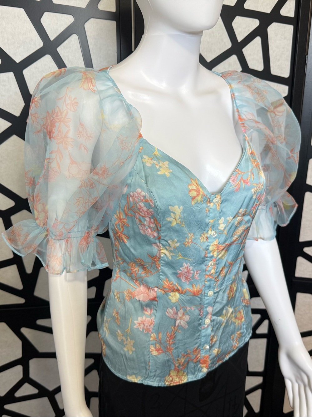French Connection Drape Puff Sleeve Forget-me-not Top - Size US 6
